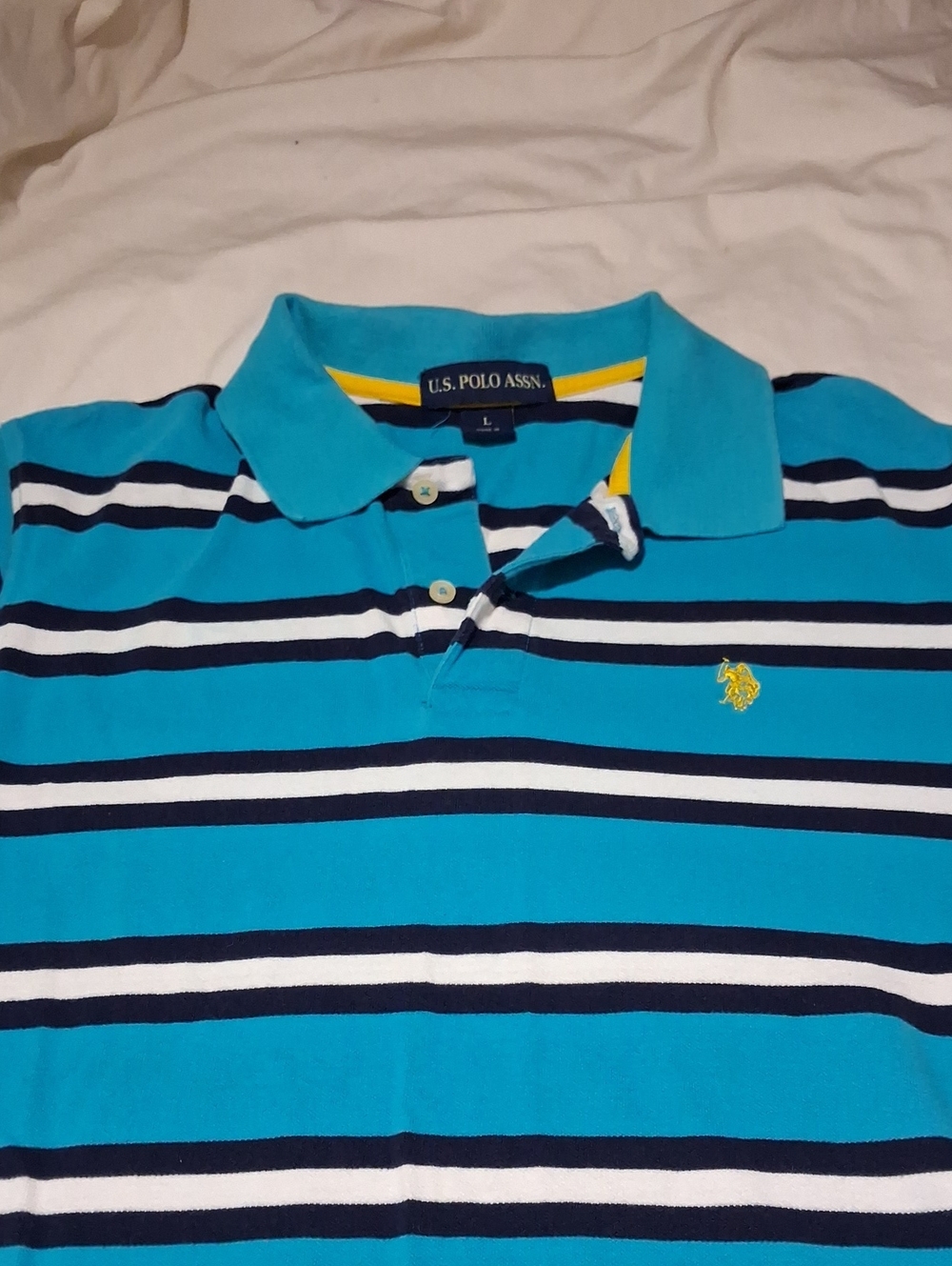 U.S. Polo Assn. Turquoise Navy White Striped Polo with Yellow Logo